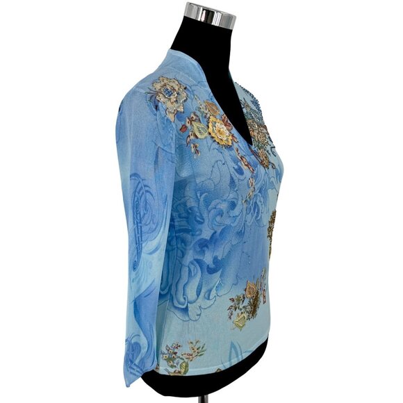 Vtg Alberto Makali Embroidered Floral Beaded Sequin Blue Knit Top M | Boho Indie - Picture 12 of 16